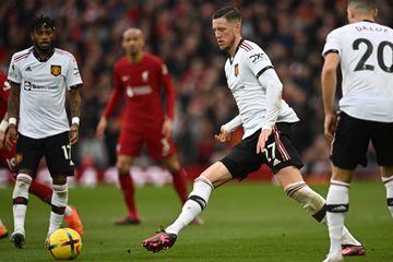 Manchester United's Dutch striker Wout Weghorst passes the ball during the Premier League match between Liverpool and Manchester United at Anfield in Liverpool.