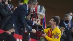 Felipe VI and Leo Messi after the Spanish Cup soccer final match between Athletic Club de Bilbao and FC Barcelona, played at La Cartuja Stadium, in Sevilla, Spain, on Saturday, April 17, 2021. Photo: Juan Jose Ubeda/GTRES.