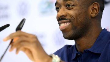 France's forward Ousmane Dembele smiles during a press conference at the Jassim-bin-Hamad Stadium in Doha on November 23, 2022, during the Qatar 2022 World Cup football tournament. (Photo by FRANCK FIFE / AFP) (Photo by FRANCK FIFE/AFP via Getty Images)