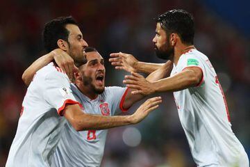 Diego Costa of Spain celebrates with team mates after scoring his team's second goal during the 2018 FIFA World Cup Russia group B match against Portugal.