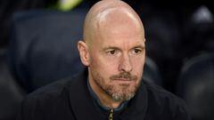 Manchester United's Dutch manager Erik ten Hag looks on during the UEFA Europa League round of 32 first-leg football match between FC Barcelona and Manchester United at the Camp Nou stadium in Barcelona, on February 16, 2023. (Photo by Josep LAGO / AFP)