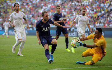 Keylor Navas makes a save during Real Madrid's Audi Cup defeat to Tottenham at the Allianz Arena.