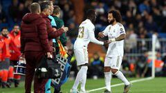 MADRID, SPAIN - NOVEMBER 06: Marcelo is substituted by Ferland Mendy of Real Madrid during the UEFA Champions League group A match between Real Madrid and Galatasaray at Bernabeu on November 06, 2019 in Madrid, Spain. (Photo by Angel Martinez/Getty Images