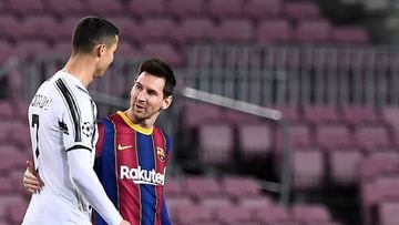 Juventus&#039; Portuguese forward Cristiano Ronaldo greets Barcelona&#039;s Argentinian forward Lionel Messi (R) before the UEFA Champions League group G football match between Barcelona and Juventus at the Camp Nou stadium in Barcelona on December 8, 202