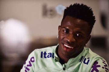 Brazil's Vinícius Júnior is interviewed by Reuters after a press conference.