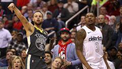 WASHINGTON, DC - FEBRUARY 28: Stephen Curry #30 of the Golden State Warriors shoots in front of Bradley Beal #3 of the Washington Wizards during the first half at Capital One Arena on February 28, 2018 in Washington, DC. NOTE TO USER: User expressly ackno