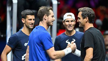 Andy Murray (L) Roger Federer (R), Novak Djokovic (back L) and Rafael Nadal (back R) during a practice session ahead of the 2022 Laver Cup at the O2 Arena in London on September 22, 2022.