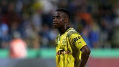 MUNICH, GERMANY - JULY 29: Youssoufa Moukoko of Borussia Dortmund Looks on during the DFB Cup first round match between TSV 1860 München and Borussia Dortmund at Stadion an der Gruenwalder Straße on July 29, 2022 in Munich, Germany. (Photo by Harry Langer/DeFodi Images via Getty Images)