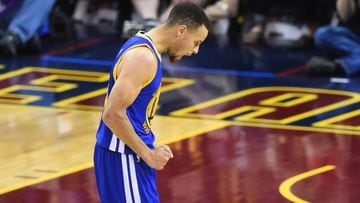 Jun 10, 2016; Cleveland, OH, USA; Golden State Warriors guard Stephen Curry (30) celebrates after scoring against the Cleveland Cavaliers during the fourth quarter in game four of the NBA Finals at Quicken Loans Arena. The Warriors won 108-97. Mandatory C