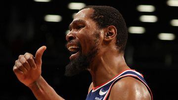 NEW YORK, NEW YORK - DECEMBER 16: Kevin Durant #7 of the Brooklyn Nets celebrates a shot against the Philadelphia 76ers during their game at Barclays Center on December 16, 2021 in New York City. NOTE TO USER: User expressly acknowledges and agrees that, 