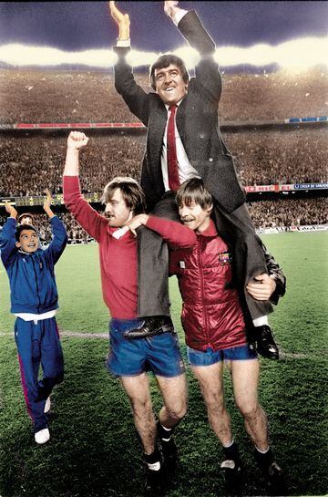 Guardiola also managed to get himself in the celebratory photo with Terry Venables and Barcelona captain Migueli.