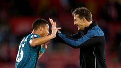Wolverhampton Wanderers' Joao Gomes (left) celebrates with manager Julen Lopetegui at the end of the Premier League match at St. Mary's Stadium, Southampton. Picture date: Saturday February 11, 2023. (Photo by Kieran Cleeves/PA Images via Getty Images)