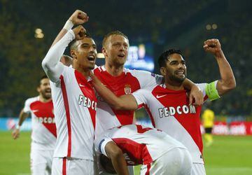 Monaco's Kylian Mbappe-Lottin celebrates scoring their third goal with Radamel Falcao and team mates.
