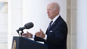 US President Joe Biden speaks during a Memorial Day address at Arlington National Cemetery in Arlington, Virginia, US, on Monday, May 30, 2022. Fresh off a visit to the Texas elementary school where a gunman last week killed 19 children and two teachers, Biden today expressed futility as he renewed calls for Congress to crack down on the kinds of assault weapons that were used to carry out the mass shooting. Photographer: Michael Reynolds/EPA/Bloomberg via Getty Images