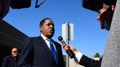 Gubernatorial recall candidate Larry Elder answers questions from reporters during an event in Monterey Park, California on September 13, 2021.