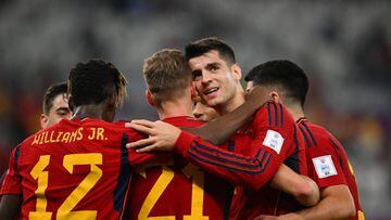 DOHA, QATAR - NOVEMBER 23: Alvaro Morata of Spain celebrates with teammates after scoring their team's seventh goal  during the FIFA World Cup Qatar 2022 Group E match between Spain and Costa Rica at Al Thumama Stadium on November 23, 2022 in Doha, Qatar. (Photo by Clive Mason/Getty Images)