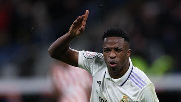 Real Madrid's Brazilian forward Vinicius Junior celebrates after scoring his team's third goal during the Copa del Rey (King's Cup), quarter final football match between Real Madrid CF and Club Atletico de Madrid at the Santiago Bernabeu stadium in Madrid on January 26, 2023. (Photo by Pierre-Philippe Marcou / AFP)