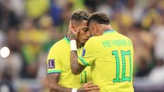 LUSAIL CITY, QATAR - NOVEMBER 24: Neymar of Brazil interacts with Raphinha of Brazil during the FIFA World Cup Qatar 2022 Group G match between Brazil and Serbia at Lusail Stadium on November 24, 2022 in Lusail City, Qatar. (Photo by Simon Stacpoole/Offside/Offside via Getty Images)