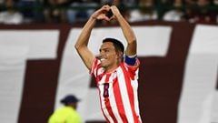Paraguay's Diego Gomez celebrates after scoring during the Venezuela 2024 CONMEBOL Pre-Olympic Tournament football match between Paraguay and Venezuela at the Brigido Iriarte stadium in Caracas on February 5, 2024. (Photo by Federico Parra / AFP)