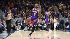 INDIANAPOLIS, INDIANA - NOVEMBER 24: LeBron James #6 of the Los Angeles Lakers celebrates in the 124-116 OT win against the Indiana Pacers at Gainbridge Fieldhouse on November 24, 2021 in Indianapolis, Indiana. NOTE TO USER: User expressly acknowledges an