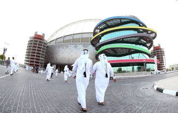 A picture taken with a fisheye lens on May 19, 2017, shows a general view of the Khalifa International Stadium in Doha, after it was refurbished ahead of the Qatar 2022 FIFA World Cup, as fans arrive to attend the Qatar Emir Cup Final football match betwe