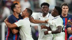 Jul 23, 2022; Las Vegas, Nevada, USA; A skirmish breaks out between Real Madrid and Barcelona players during a game at Allegiant Stadium. Mandatory Credit: Stephen R. Sylvanie-USA TODAY Sports     TPX IMAGES OF THE DAY