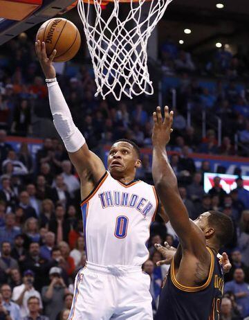 Tristan Thompson tries to block Russell Westbrook's layup during the Thunder's victory over the Cavaliers.
