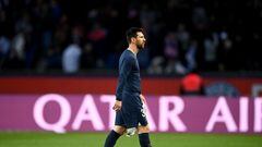 Paris Saint-Germain's Argentine forward Lionel Messi reacts after losing the French L1 football match between Paris Saint-Germain (PSG) and Stade Rennais FC at The Parc des Princes Stadium in Paris on March 19, 2023. (Photo by FRANCK FIFE / AFP)