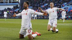 Emre Can celebrates scoring the third goal of six for Liverpool against Aston Villa