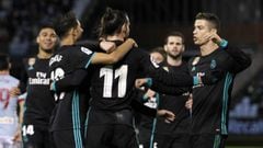 Los jugadores del Real Madrid celebran uno de los goles contra el Celta de Vigo.