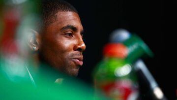 BOSTON, MA - SEPTEMBER 01: Kyrie Irving #11 of the Boston Celtics during the press conference at TD Garden on September 1, 2017 in Boston, Massachusetts.   Omar Rawlings/Getty Images/AFP == FOR NEWSPAPERS, INTERNET, TELCOS &amp; TELEVISION USE ONLY ==
