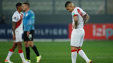 Peru&#039;s Paolo Guerrero reacts at the end of the South American qualification football match for the FIFA World Cup Qatar 2022 between Peru and Uruguay at the National Stadium in Lima on September 2, 2021. (Photo by Daniel APUY / various sources / AFP)