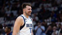 Mar 8, 2023; New Orleans, Louisiana, USA;  Dallas Mavericks guard Luka Doncic (77) reacts to having a technical foul called on him against the New Orleans Pelicans during the first half at Smoothie King Center. Mandatory Credit: Stephen Lew-USA TODAY Sports