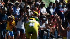 Team UAE Emirates&#039; Tadej Pogacar of Slovenia wearing the overall leader&#039;s yellow jersey rides during the 20th stage of the 108th edition of the Tour de France cycling race, a 30 km time trial between Libourne and Saint-Emilion, on July 17, 2021.
