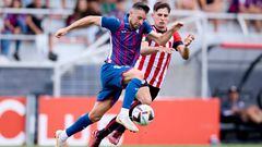 LEZAMA, SPAIN - JULY 20: Edu Exposito of SD Eibar competes for the ball with Unai Naveira of Bilbao Athletic during the pre-season friendly match between Bilbao Athletic and SD Eibar at on July 20, 2022 in Lezama, Spain. (Photo by Ion Alcoba/Quality Sport Images/Getty Images)