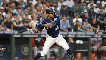 SEATTLE, WASHINGTON - AUGUST 23: Julio Rodriguez #44 of the Seattle Mariners bats during the fourth inning against the Washington Nationals at T-Mobile Park on August 23, 2022 in Seattle, Washington.   Alika Jenner/Getty Images/AFP
== FOR NEWSPAPERS, INTERNET, TELCOS & TELEVISION USE ONLY ==