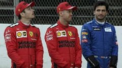 Leclerc y Sainz, en la foto con Vettel en el medio, ser&aacute;n la pareja de Ferrari en 2021.