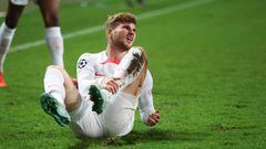 02 November 2022, Poland, Warschau: Soccer: Champions League, Shakhtyor Donetsk - RB Leipzig, Group stage, Group F, Matchday 6 at Wojska Polskiego stadium, Leipzig's Timo Werner lies on the turf after a foul. Photo: Jan Woitas/dpa (Photo by Jan Woitas/picture alliance via Getty Images)
