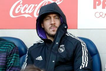 Eden Hazard on the Real Madrid bench - a familiar sight. 