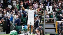 Novak Djokovic celebrates victory after his Gentlemen's Singles fourth round match against Tim van Rijthoven during day seven of the 2022 Wimbledon Championships at the All England Lawn Tennis and Croquet Club, Wimbledon. Picture date: Sunday July 3, 2022. (Photo by Adam Davy/PA Images via Getty Images)
