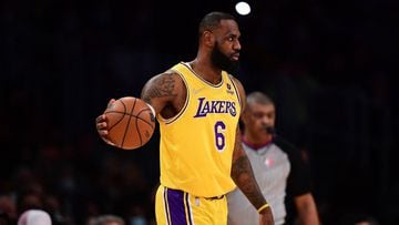 Jan 19, 2022; Los Angeles, California, USA; Los Angeles Lakers forward LeBron James (6) controls the ball against the Indiana Pacers during the first half at Crypto.com Arena. Mandatory Credit: Gary A. Vasquez-USA TODAY Sports