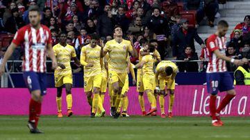 El Girona celebra el gol de Pirtu, el 1-1, en el Wanda Metropolitano ante el Atl&eacute;tico de Madrid. 