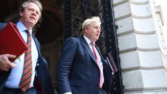 LONDON, ENGLAND - JULY 21: Scotland Secretary Alister Jack and Prime minister Boris Johnson leave a cabinet meeting at the Foreign and Commonwealth Office (FCO), the first since mid-March for the first time since the lockdown on July 21, 2020 in London, E