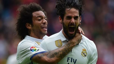 Marcelo e Isco, que han abandonado las filas del Real Madrid, celebran un gol ante el Sporting de Gijón.