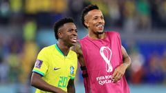 DOHA, QATAR - DECEMBER 05: Vinicius Junior (L) and Eder Militao of Brazil celebrate after the 4-1 win during the FIFA World Cup Qatar 2022 Round of 16 match between Brazil and South Korea at Stadium 974 on December 05, 2022 in Doha, Qatar. (Photo by Buda Mendes/Getty Images)