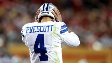 SANTA CLARA, CALIFORNIA - JANUARY 22: Dak Prescott #4 of the Dallas Cowboys reacts during the second half of the game against the San Francisco 49ers in the NFC Divisional Playoff game at Levi's Stadium on January 22, 2023 in Santa Clara, California.   Lachlan Cunningham/Getty Images/AFP (Photo by Lachlan Cunningham / GETTY IMAGES NORTH AMERICA / Getty Images via AFP)