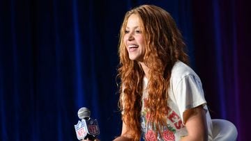 Jan 30, 2020; Miami, Florida, USA; Recording artist Shakira during the Super Bowl LIV halftime talent show press conference at the Hilton Downtown Miami. Mandatory Credit: Steve Mitchell-USA TODAY Sports