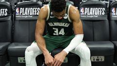 MILWAUKEE, WISCONSIN - APRIL 26: Giannis Antetokounmpo #34 of the Milwaukee Bucks sits on the bench after losing Game 5 of the Eastern Conference First Round Playoffs against the Miami Heat in overtime at Fiserv Forum on April 26, 2023 in Milwaukee, Wisconsin. NOTE TO USER: User expressly acknowledges and agrees that, by downloading and or using this photograph, User is consenting to the terms and conditions of the Getty Images License Agreement.   Stacy Revere/Getty Images/AFP (Photo by Stacy Revere / GETTY IMAGES NORTH AMERICA / Getty Images via AFP)