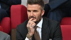 Former England player David Beckham attends the Qatar 2022 World Cup Group B football match between England and Iran at the Khalifa International Stadium in Doha on November 21, 2022. (Photo by Paul ELLIS / AFP)