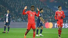PARIS, FRANCE - FEBRUARY 14: Kingsley Coman of FC Bayern Munich celebrates after scoring the team's first goal during the UEFA Champions League round of 16 leg one match between Paris Saint-Germain and FC Bayern Muenchen at Parc des Princes on February 14, 2023 in Paris, France. (Photo by Clive Rose/Getty Images)